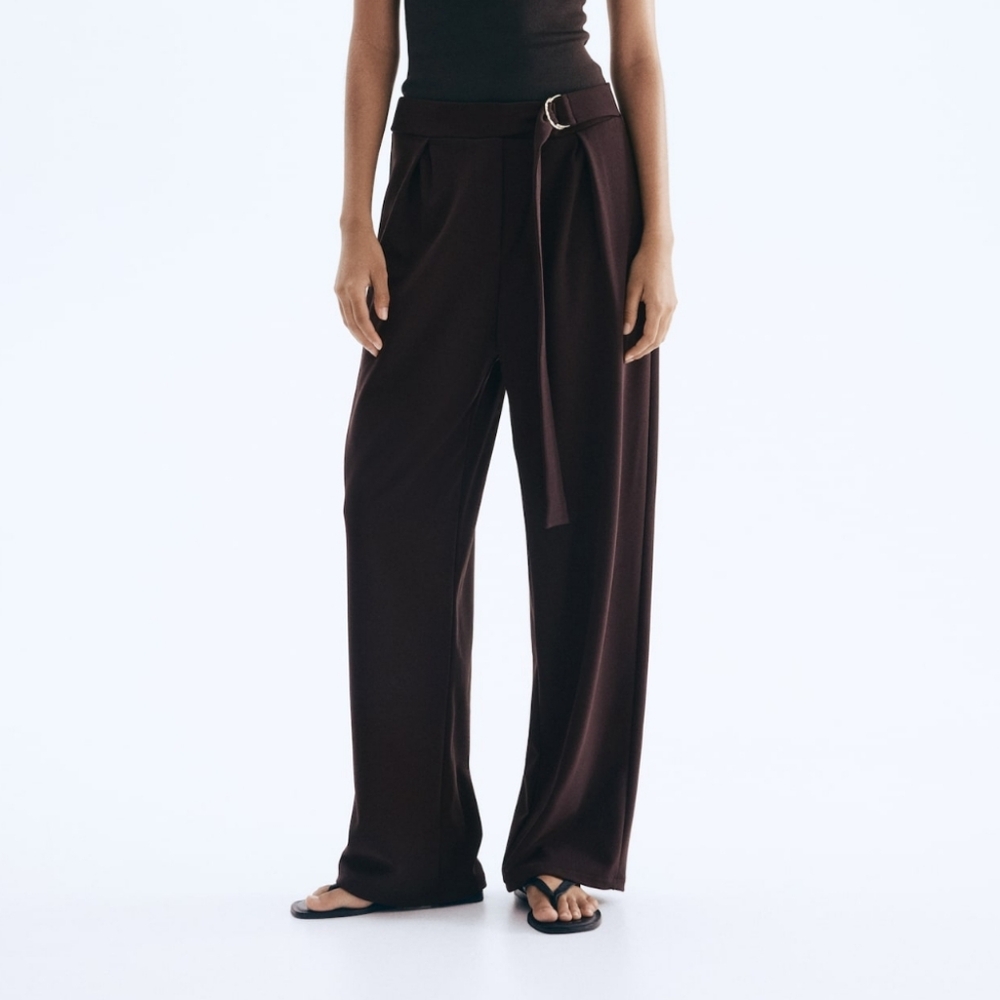 H&M Pants NWT Size M Brown High Waist Wide Leg Belt Detail Pull On